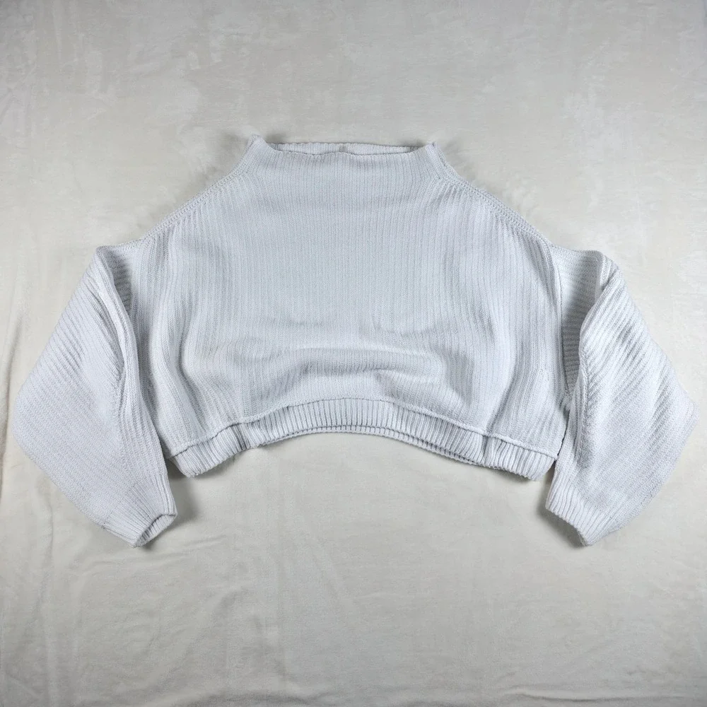 Free People Sweetheart Mock Neck Sweater Womens Large White Cropped Ribbed Knit